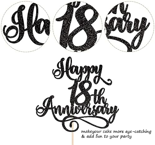 Rsstarxi 1 Pack Happy 18th Anniversary Cake Topper Glitter Cheers to 18 Years Wedding Anniversary Cake Pick Decorations for Happy 18th Birthday Wedding Anniversary Party Cake Decorations Black