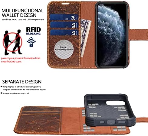 Leather case Compatible with iPhone 13 pro Max Wallet 6.7",Genuine Leather 2-in-1 Magnetic Detachable Shockproof,Flip Folio Cover with Card Slot, Wireless Charging [RFID Blocking] Dark Brown