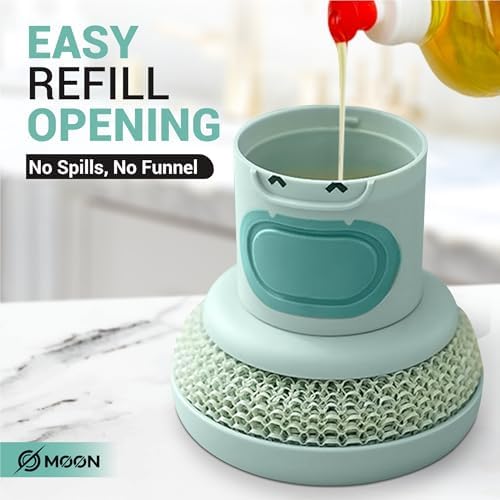 Dish Scrubber with Soap Dispenser, 2 Replaceable Sponges Included, Refillable Push-Button Handheld Sponge Scrubber, Palm Grip Kitchen Sink Cleaner for Dishes, Pots, Pans & Nonstick