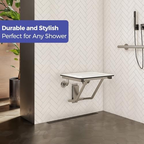 18" x 16" ADA Compliant Phenolic White Folding Shower Seat Bench, Wall Mount Foldable Bathroom Shower Chair with Stainless Steel Support, 400 lbs Capacity
