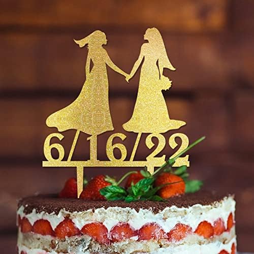 Bride Two Girl Silhouette Wedding Cake Topper Custom Cake Topper LGBT Silhouette Same Sex Couple Wedding Cake Decor Lesbian Marriage Cake Topper Bride Mrs And Mrs Cake Topper for Wedding Acrylic Gold