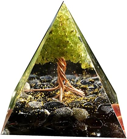 Handmade Tree of Life Orgonite Pyramid Peridot with Obsidian Crystal Stone Positive Reiki Energy Generator Healing Orgone Collection