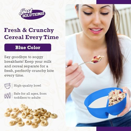 Just Solutions Crunch Anti-Soggy Cereal Bowl - Keeps Cereal Fresh & Crunchy | BPA Free | Microwave Safe | Ice Cream & Topping, Yogurt & Berries, Fries & Ketchup and More - Blue