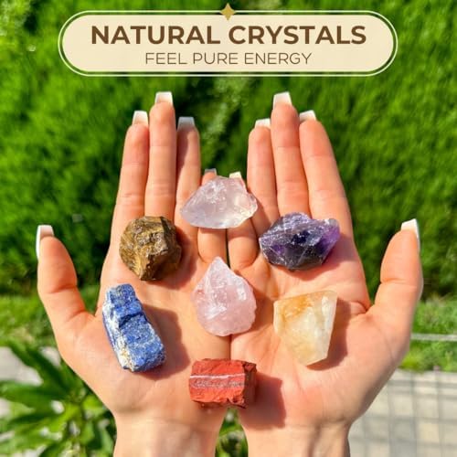 Anima Premium 7 Chakra Healing Crystals Set for Energy Alignment - Large Raw Amethyst, Rose Quartz, Citrine, Lapis Lazuli, Clear Quartz, Tigers Eye & Red Jasper - Wooden Gift Box & Guidebook Included