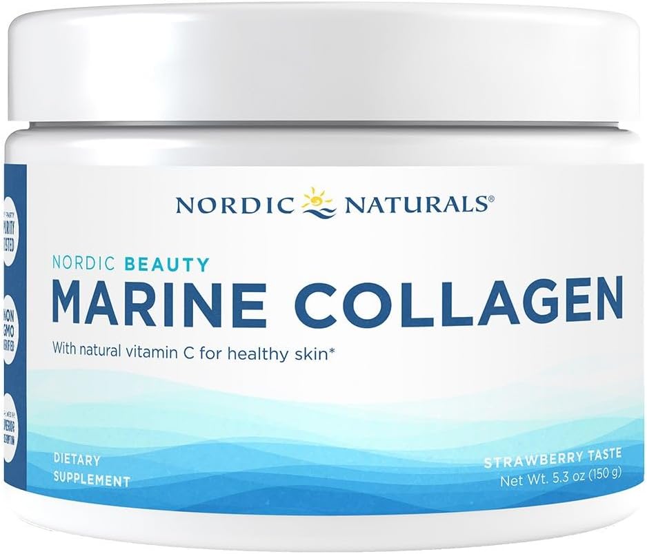 Nordic Naturals Nordic Beauty Marine Collagen Powder, Strawberry - 5.29 Ounces - Collagen Powder Supplement for Healthy Skin, Joints, and Bones, Vitamin C for Antioxidant Support - 30 Servings