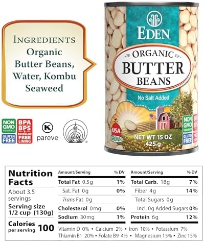 Eden Organic Butter Beans, (Baby Lima Beans), No Salt Added, USA Grown, Non GMO, 15 oz (12-Pack)