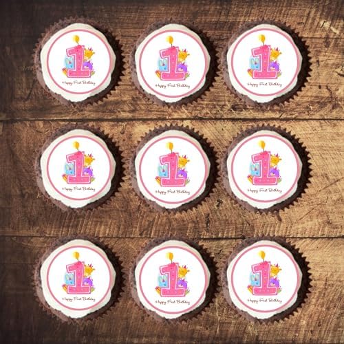 1st Birthday Girl Cake Decorations, Pink Edible Cupcake Toppers, Happy Birthday Cake Toppers, Girls Cupcake Decorations, 48 x 1.18 Inch / 3cm Wafer Card Discs UNCUT