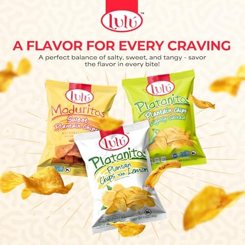 LULU Plantain Chips Variety Pack – 12 Individual Bags – 6 Lemon, 4 Lightly Salted, 2 Sweet Flavors – Crunchy, No Preservatives or Artificial Colors – Sustainably Sourced Vegetable Snacks