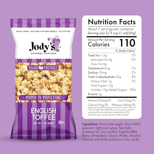 Jody’s Popcorn 2 Pack Bundle – Cinnamon Roll & English Toffee Gourmet Flavors – Sweet Crunchy Handcrafted Snacks – Non-GMO – 2 x 7oz Bags – Unique Treats Perfect for Sharing Gifting or Movie Night