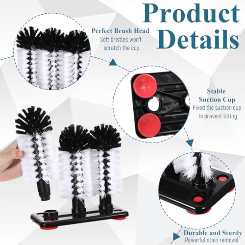 2 Pack Water Bottle Cleaning Brush with Suction Base, 3 Head Bristle Bar Glass Washer for Sink, Glass Cup Washer Brush Cleaner for Beer Cup, Long Leg Cup, Red Wine Glass Bar Kitchen Sink Tools