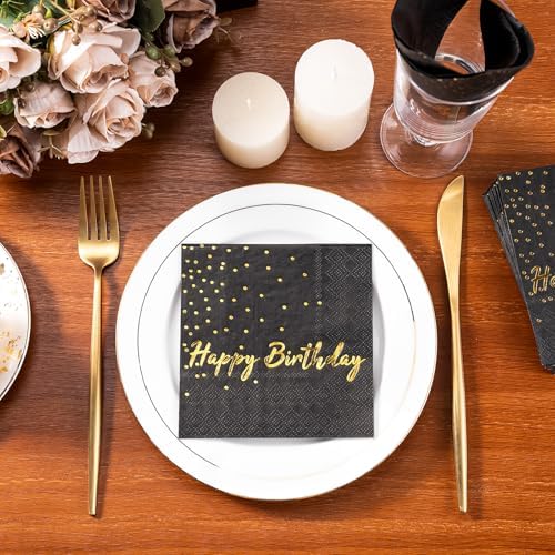 WRAPAHOLIC 25Pcs Dot Birthday Cocktail Napkins - 3-Ply Black Gold Foil Happy Birthday Lettering and Dot Disposable Paper Napkins for Baby Shower Party Tableware Party Supplies - 5 x 5 In