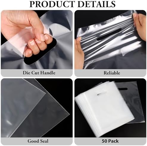 50 Pack Large Clear Plastic Shopping Bags with Die-Cut Handles, 15 x 18 Inch, 1.75 Mil Thick Retail Gift Bags for Events, Clothing & Boutiques