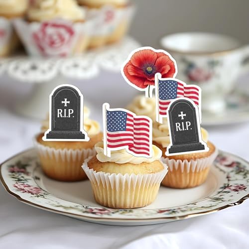 50 PCS Edible Memorial Day Cupcake Toppers Wafer Paper Red Poppy American Flag Tombstone RIP Cake Toppers Edible Patriotic Theme Remembrance Party Decorations for Veterans Day Party Dessert Supplies