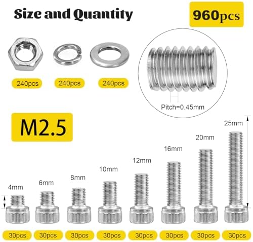 960pcs M2.5 Screws with Nuts Assortment kit, M2.5x4/6/8/10/12/16/20/25 mm 304 Stainless Steel Hex Socket Head Bolts with Flat & Lock Washers Assorted Set
