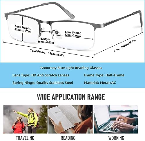 Blue Light Blocking Glasses, Lightweight Metal Half Frame Computer Reading/Gaming/TV/Phones Glasses,Filter UV Ray/Computer Glare with Spring Hinge Eyeglasses(2PCS Black)