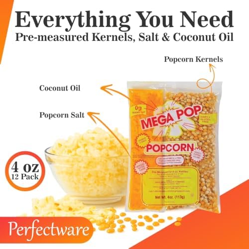 Perfectware All in One Popcorn Portion Packets with Kernels, Salt, and Coconut Oil for Popping Machine, 4 oz, 12 Count