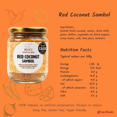 RUCI Authentic Sri Lankan Red Coconut Pol Sambol, A Great Taste Award Winner, Shreds of Coconut with Onions, Dried Red Chillies and Lime