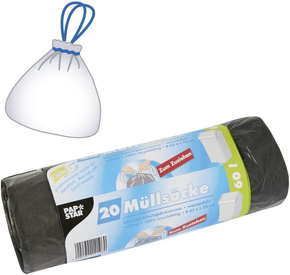 PAPSTAR 20 x 60 Litre Grey Bin Liners - LDPE (Thickness 22my) with Drawstring - 75 x 65 x 75 cm - for Swing Top Bins, Pedal Bins and Similar Containers #14196