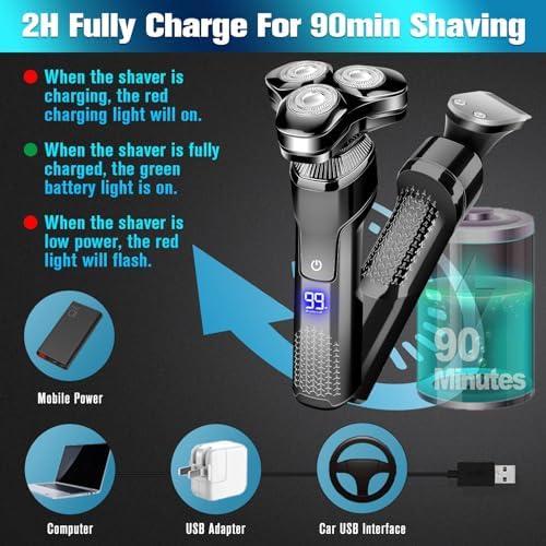 Men's Electric Razor, Upgraded 4D Floating Magnetic Blade Head Rotary Shaver, 3-in-1 Multifunctional for Beard/Nose/Sideburns, IPX7 Waterproof Rechargeable Cordless Shaver, Turbo Speed, Gift for Men