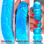 Double Ended Dildo 17.7 inch Dong Anal Beads with Veins and Glans for Anal Vagina Stimulation Double Side Penis Cock Massager Sex Toy for Lesbian Men Women Blue TJIJP