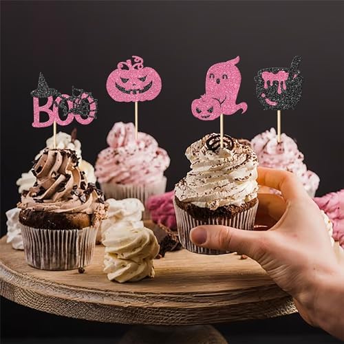 Rsstarxi 24 Pack Halloween Cupcake Toppers Glitter Ghost Boo Spider Bat Pumpkin Witch Hat Cupcake Picks Decorations for Halloween Theme Baby Shower Kids Birthday Party Cake Decorations