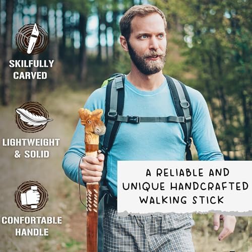Carved Walking Stick with Animal Head - Lightweight and Strong Wooden Treckking Pole & Cane for Men Women & Seniors - A Hiking Gear Sculpted in Wood