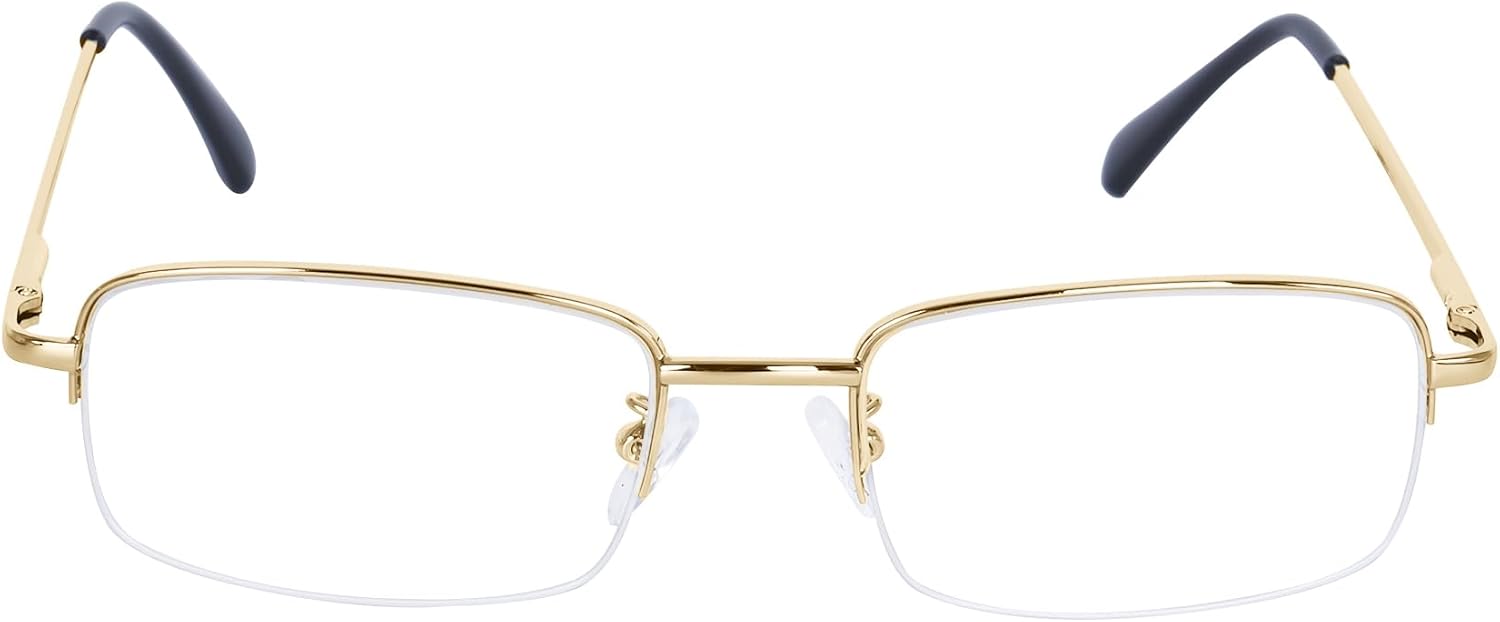 Half Frame Reading Glasses for Men Women Metal Rectangular Frame Spring Hinge + Glasses Strap