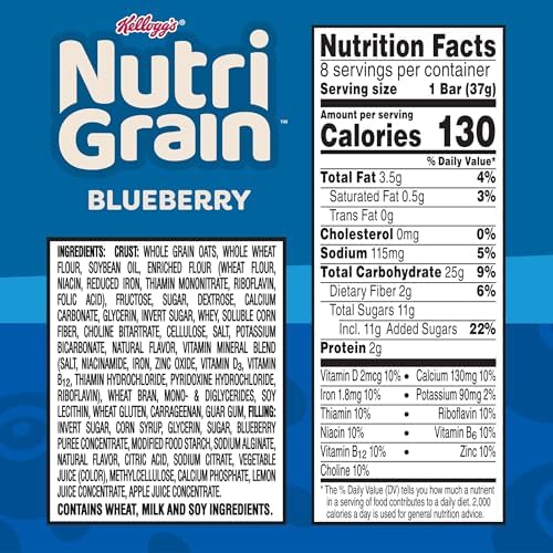 Nutri-Grain Breakfast Bars, Made with 10g Whole Grains, Snack Bars, Blueberry, 10.4oz Box (8 Count)