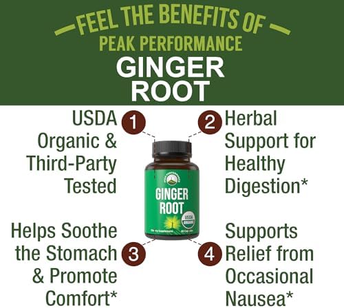 Peak Performance USDA Organic Ginger Root Capsules. Vegan Ginger Pills Supplement for Women & Men to Support Digestion, Occasional Nausea Relief, Gas & Bloat Support, and Gentle Stomach Comfort