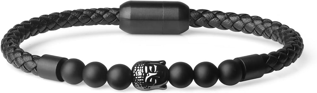 COAI Matte Onyx Beaded Leather Bracelet for Men Women, Buddha Prayer Bracelet for Men Women