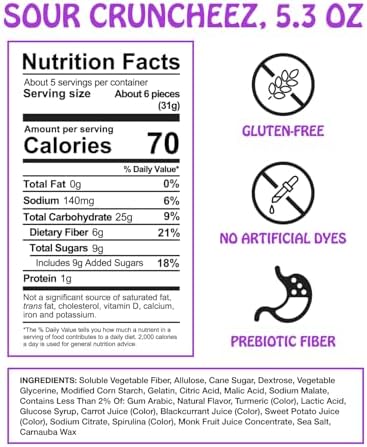 Rotten Sour Gummy Cruncheez - Low Sugar, Low Calorie, 5g Gut-Friendly Prebiotic Fiber, Gluten Free Candy, No Artificial Dyes - 5.3 oz Share Pack [4 Pack]