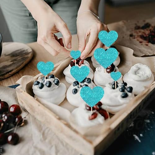 Rsstarxi 35 Pack Love Heart Cupcake Toppers Glitter Sweet Heart Cupcake Picks for Baby Shower Bridal Wedding Birthday Valentine's Day Party Cake Decorations Supplies Light Blue