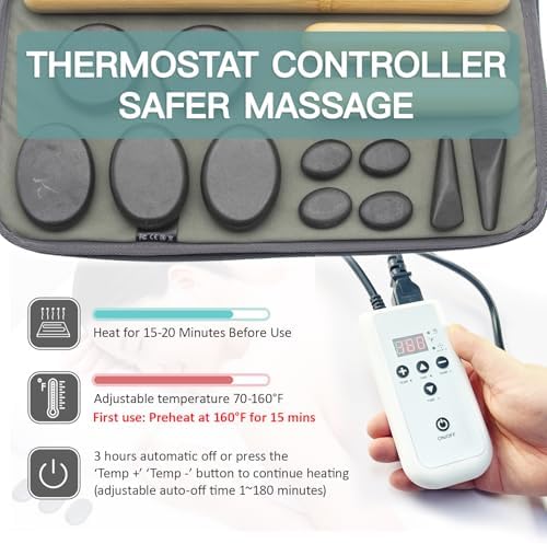 Massage Stones Set with Warmer Kit Hot Rocks Bamboo for Massage Hot Stones Massage Warmer Kit with Temperature Control and Carry Bag for Home Use (11 Stones and 3 Sticks) Suitable for Gifting