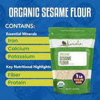 Kevala Organic Sesame Flour - 50% Protein Flour Made with Non GMO Sesame Seeds, With Mild Sesame Flavor, Vegan Protein Source, For Making Bread and Cooking, 1 lb, 16 oz