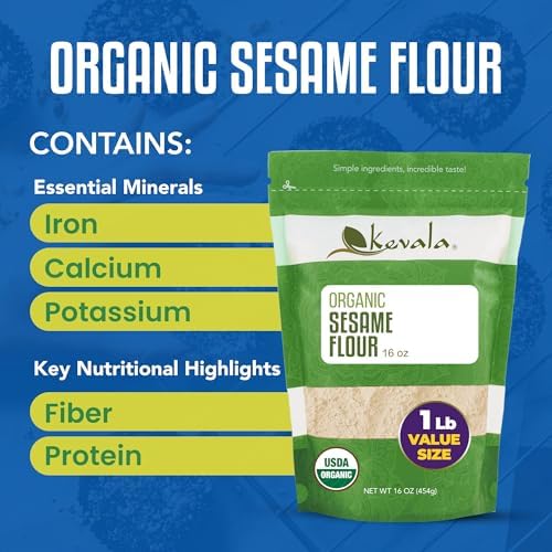 Kevala Organic Sesame Flour - 50% Protein Flour Made with Non GMO Sesame Seeds, With Mild Sesame Flavor, Vegan Protein Source, For Making Bread and Cooking, 1 lb, 16 oz
