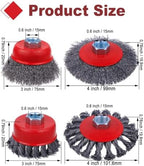 Rocaris 6 Pack 4 1/2" Angle Grinder Wire Whee Cup Brush, 3 & 4 Inch Twisted Knotted & Coarse Crimped Cup Brush for Cleaning Rust, 5/8 -11 Inch Threaded Arbor