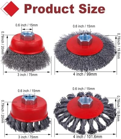 Rocaris 6 Pack 4 1/2" Angle Grinder Wire Whee Cup Brush, 3 & 4 Inch Twisted Knotted & Coarse Crimped Cup Brush for Cleaning Rust, 5/8 -11 Inch Threaded Arbor