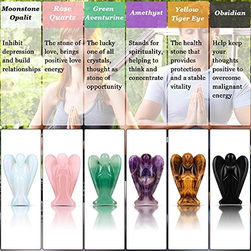 Hicarer 6 Pcs Small Crystal Angel Figurines Mini Guardian Statue Natural Gemstone Carved Pocket Crystal Figurines Stones Decor Gift 1.5 Inch Love Peace Healing(Bright Color)