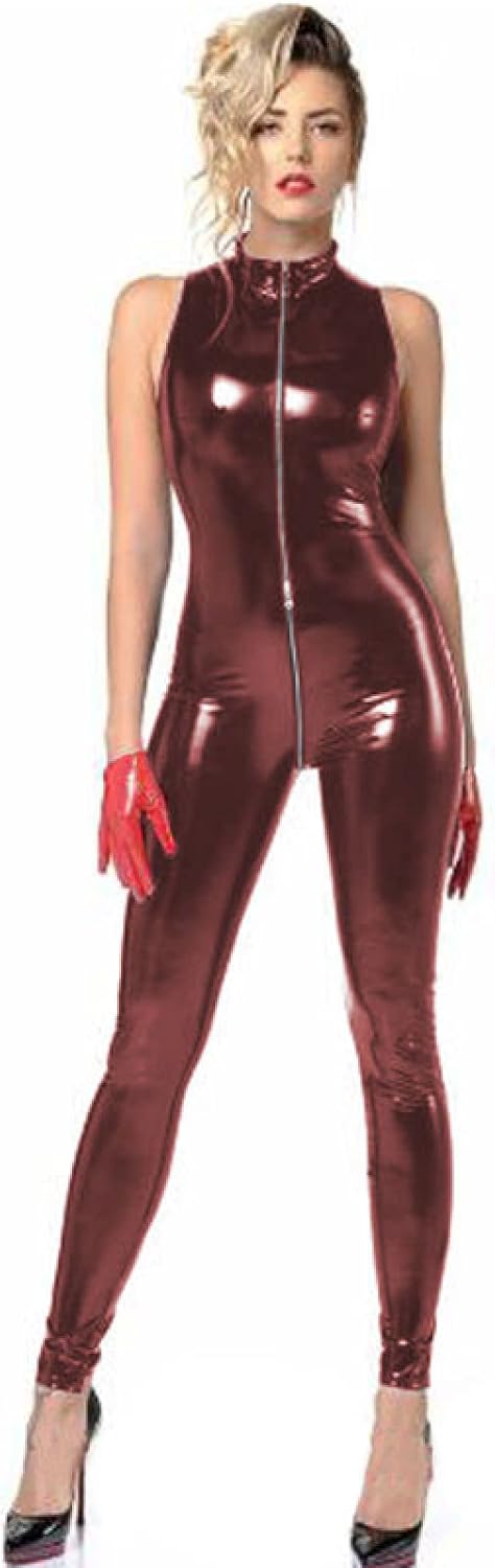 Plus Size Sexy Sleeveless PVC Catsuit Women Zipper to Crotch Bodycon Jumpsuit Cosplay Costume Nightclub Party Uniform,Dark Red,6XL