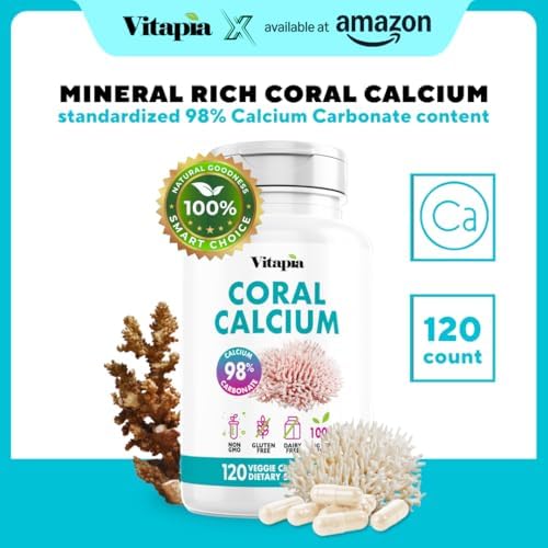 Vitapia Coral Calcium Powder 1000mg Capsules for Overall Health, Bone Health, PH Level Balance, Trace Minerals Support - 120 Veggie Capsules - Non-GMO & Gluten-Free Supplement