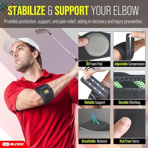 BLITZU Elbow Brace for Tennis & Golfer's Elbow. Adjustable Elbow Strap for Tendonitis Pain Relief with Compression Pad. Counterforce Band Support for Sports Men and Women.