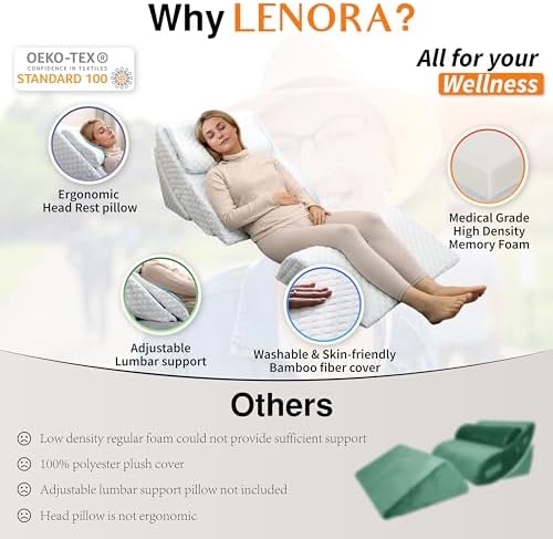 Adjustable Orthopedic Bed Wedge Pillow Set, Reading Pillow & Back Support for Sleeping, Memory Foam Wedge for Lower Back, Knee and Leg Pain, Acid Reflux, Snoring, Post Surgery Recovery
