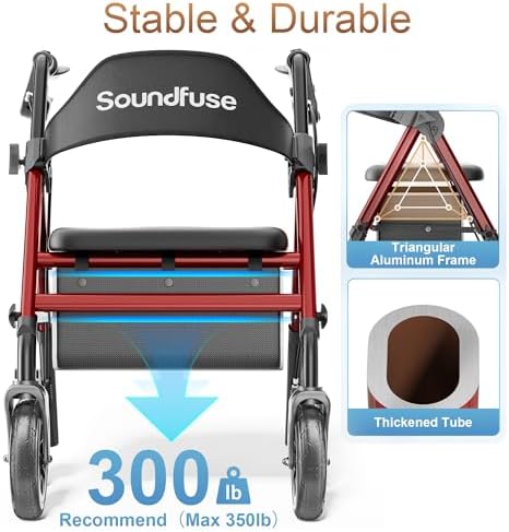 SOUNDFUSE Rollator Walkers for Seniors with Seat, Foldable Lightweight Rolling Walker with 8" Big PU Wheels, Ergonomic Seat, Dual Height Adjustment