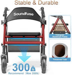 SOUNDFUSE Rollator Walkers for Seniors with Seat, Foldable Lightweight Rolling Walker with 8" Big PU Wheels, Ergonomic Seat, Dual Height Adjustment