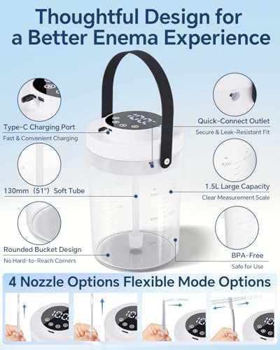 Electric Enema Bucket Kit for Colon Cleanse for Women Men, 1.5L (2 Quart) Coffee Enema Coffee Organic Kit with 100-Level Adjustable Water Pressure, LCD Display, 16 Nozzles