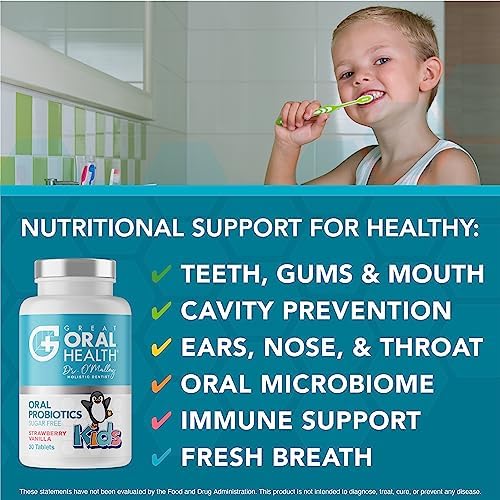 Oral Probiotics for Mouth Bad Breath Treatment for Kids Dental Care & Cavity Prevention with BLIS K12 M18 – Dr Formulated Dental Probiotics for Teeth and Gums, 30 Chewable Tablets Strawberry Vanilla
