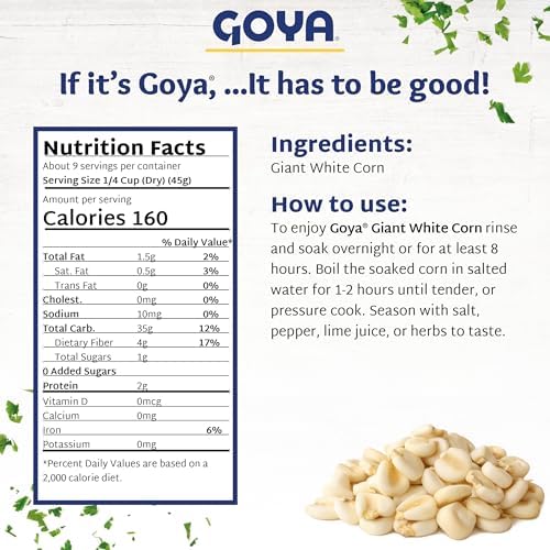Giant White Corn by Goya, Whole White Hominy, Mexican Corn, Dried White Corn Kernels, Maíz Mote Pelado, 14oz. Bag