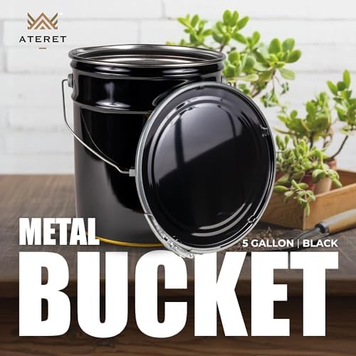 ATERET 5 Gallon Black Metal Bucket & Lever Lock Pail Lid - 3 Pack - Heavy Duty Durable Pails and Lids for Outdoor and Household Use