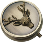 Antique Pill Box Travel Pill Case - Cute Daily Pill Organizer Small Pill Box for Purse, Mini Pocket Pill Case, Round Metal Pill Organizer (Deer)