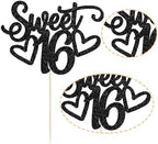 Gyufise 1Pc Sweet Teenager 16 Cake Topper Glitter 16th Birthday Cake Pick for Cheers to 16 Years Old 16th Birthday Party Cake Decorations Supplies Black